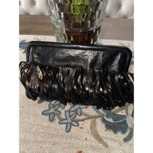 KATHERINE KWEI Black Leather Fringe Clutch‎ Bag New York Evening Occasion